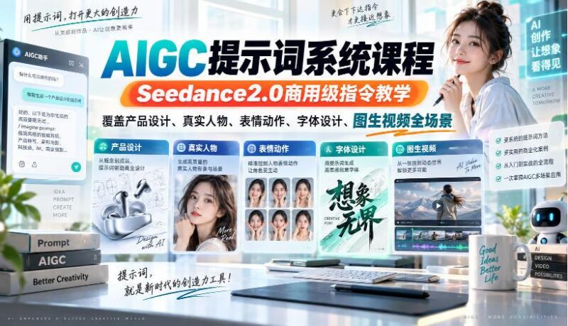 AIGC提示词系统课程,Seedance2.0商用级指令教学,覆盖产品设计、真实人物、表情动作、字体设计、图生视频全场景 三零资源-三零资源
