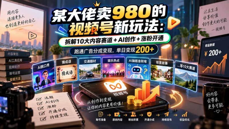 某大佬卖980的视频号新玩法:拆解10大内容赛道+AI创作+涨粉开通,跑通广告分成变现,单日变现200+-三零资源