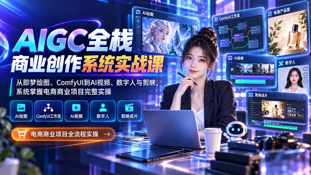 AIGC全栈商业创作系统实战课-无水印:从即梦绘图、ComfyUI到AI视频、数字人与剪映,系统掌握电商商业项目完整实操