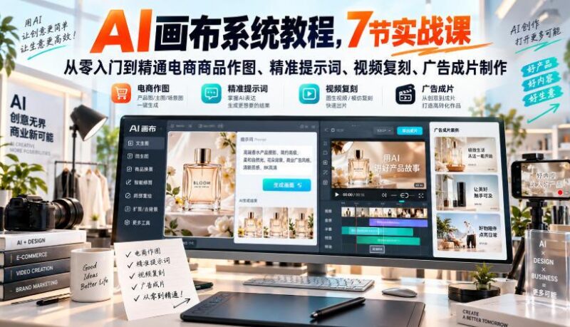 AI画布系统教程,7节实战课从零入门到精通电商商品作图、精准提示词、视频复刻、广告成片制作 三零资源-三零资源