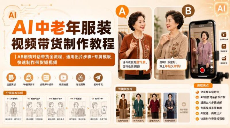 AI中老年服装视频带货制作教程|AB剧情对话带货全流程,通用出片步骤+专属模板,快速制作带货短视频-三零资源