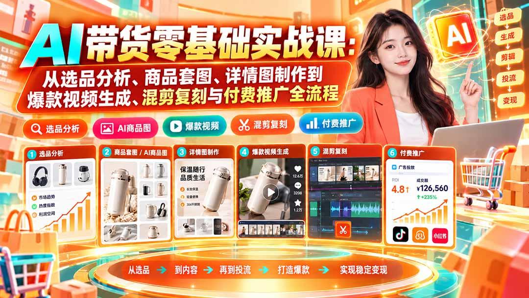 AI带货零基础实战课:从选品分析、商品套图、详情图制作到爆款视频生成、混剪复刻与付费推广全流程 图1