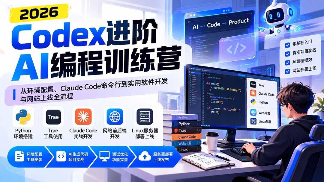 Codex进阶AI编程训练营:从环境配置、Claude Code命令行到实用软件开发与网站上线全流程 图1