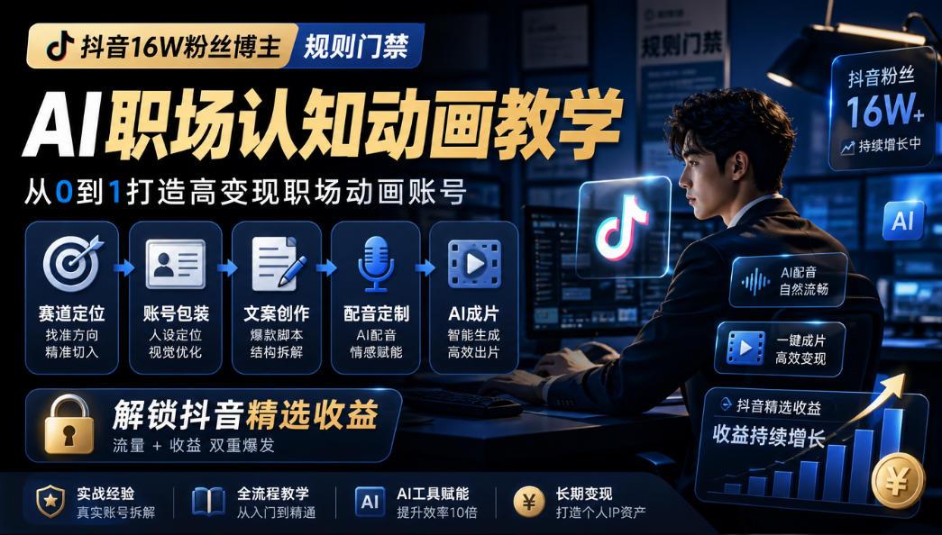 抖音16W粉丝博主规则门禁的AI职场认知动画教学，从赛道定位、账号包装，到文案创作、配音定制、AI成片，解锁抖音精选收益 图1