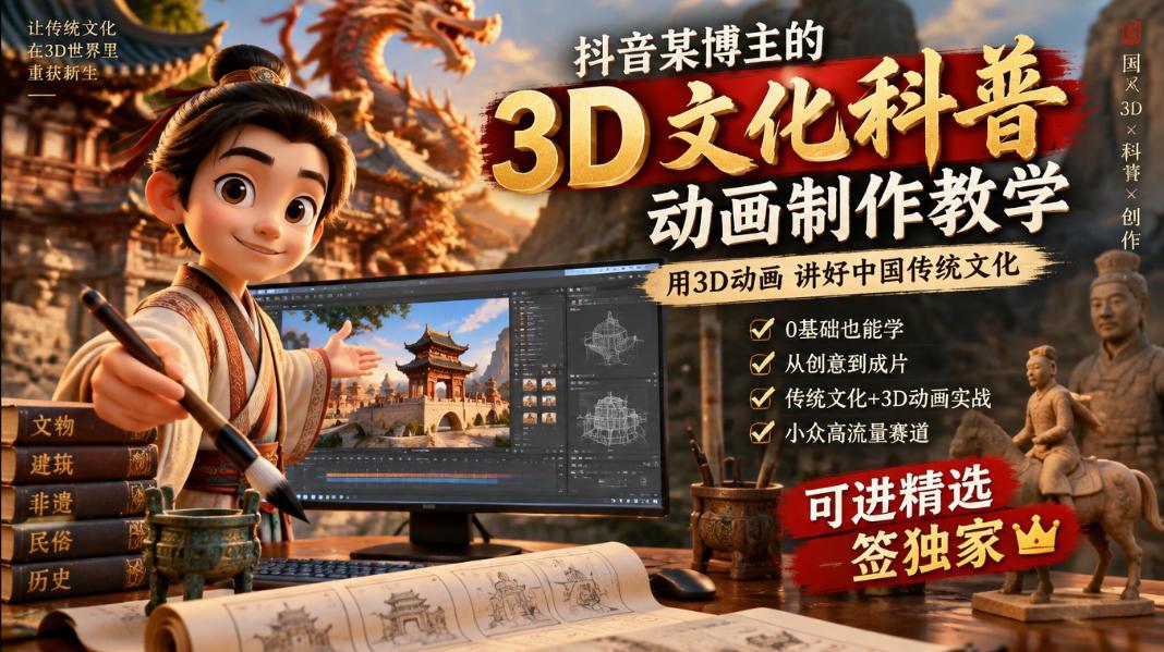 抖音某博主的3D文化科普动画制作教学,用3D动画呈现中国传统文化,可进精选签独家,单日收益1k+ 图1