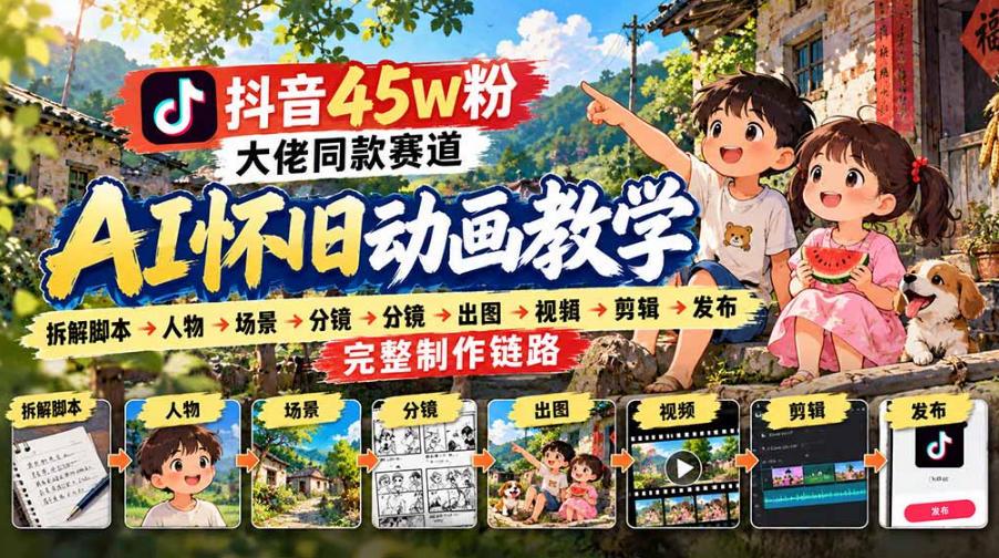 抖音45W粉大佬同款赛道AI怀旧动画实战课:拆解脚本→人物→场景→分镜→出图→视频→剪辑→发布完整制作链路 图1