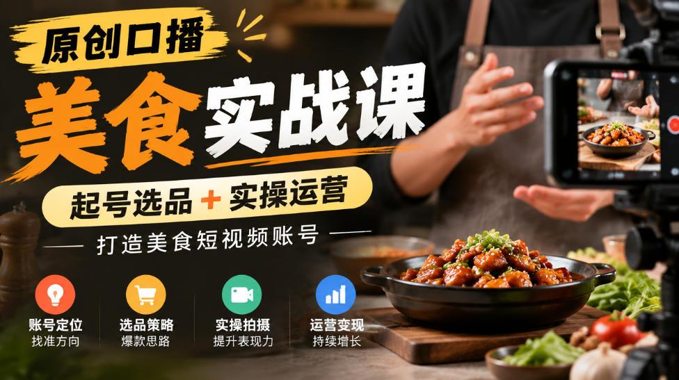 原创口播美食实战课,起号选品+实操运营,打造美食短视频账号 图1