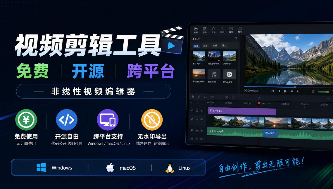 视频剪辑工具,免费、开源、跨平台,非线性视频编辑器,支持Windows、macOS、Linux,无水印、无订阅费用 图1