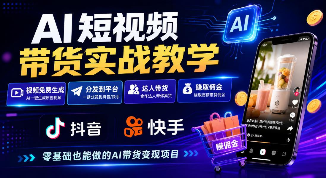 AI短视频带货实战教学,视频免费生成,分发到抖音快手平台,达人带货賺佣金 图1
