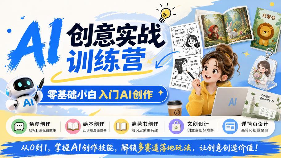 AI创意实战训练营,零基础小白入门AI创作,解锁条漫、绘本、启蒙书、文创、详情页多赛道落地玩法 图1