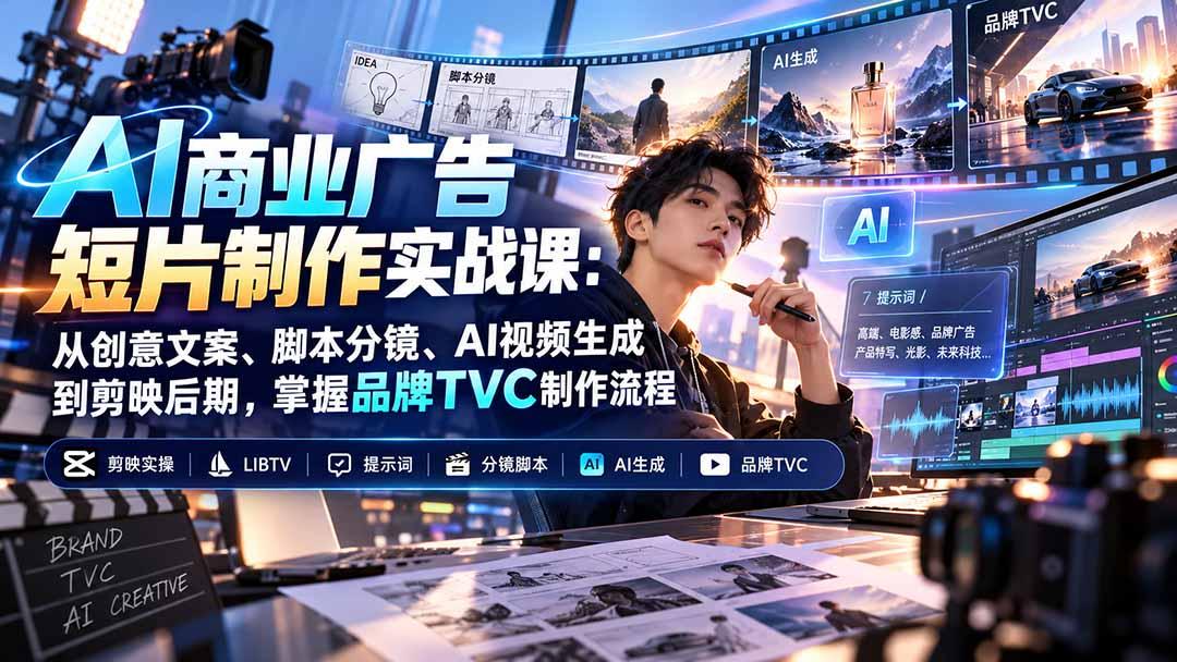 AI商业广告短片制作实战课：从创意文案、脚本分镜、AI视频生成到剪映后期，掌握品牌TVC制作流程 图1