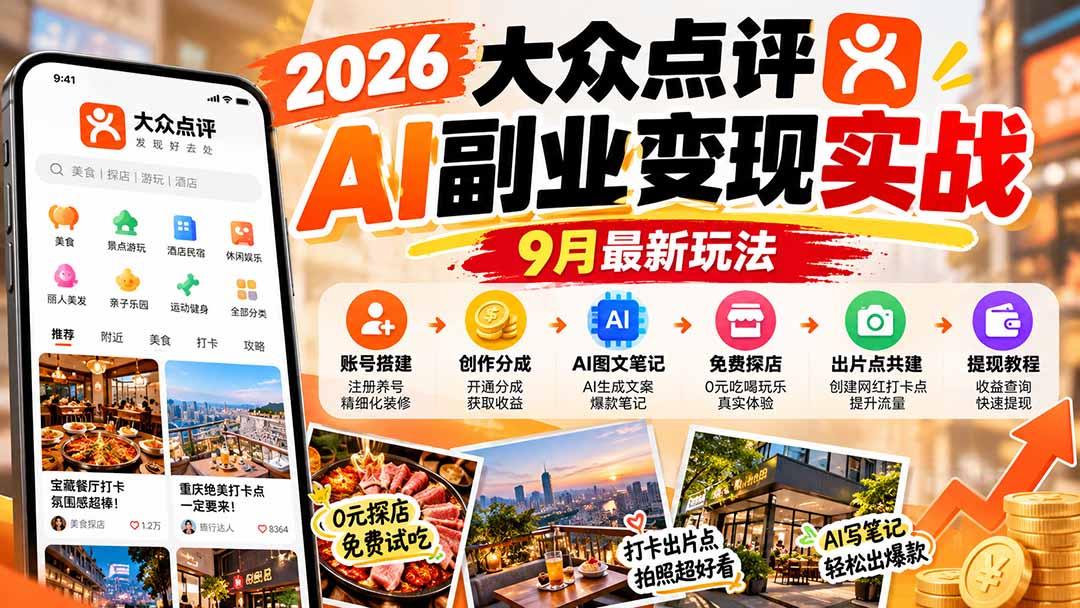 2026大众点评AI副业变现实战9月最新玩法:账号搭建+创作分成+AI图文笔记+免费探店+出片点共建与提现教程 图1