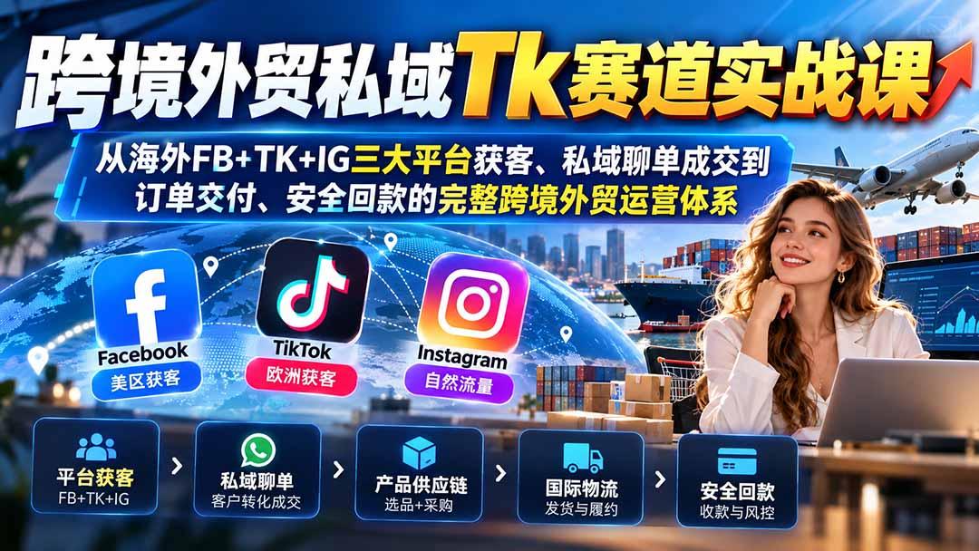 跨境外贸私域Tk赛道实战课:从海外FB+TK+IG三大平台获客、私域聊单成交到订单交付、安全回款的完整跨境外贸运营体系 图1