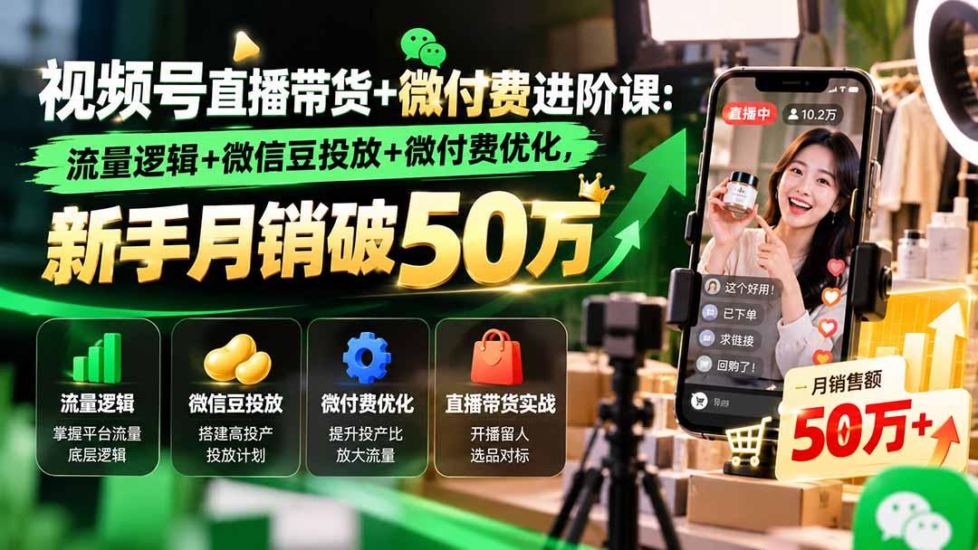 视频号直播带货+微付费进阶课-更新1010:流量逻辑+微信豆投放+微付费优化,新手月销破50万 图1