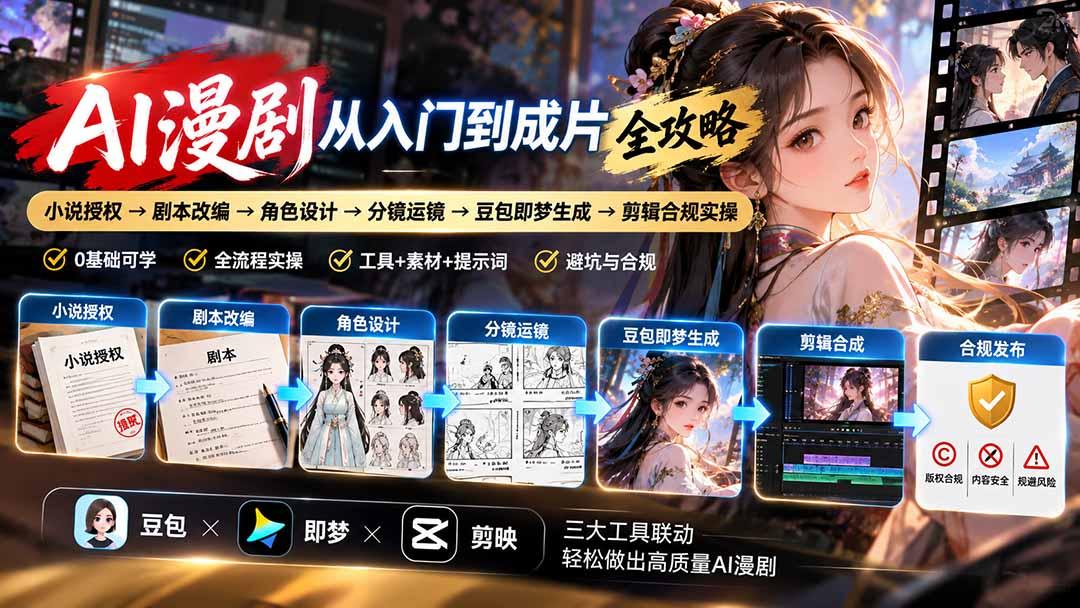 AI漫剧从入门到成片全攻略:小说授权→剧本改编→角色设计→分镜运镜→豆包即梦生成→剪辑合规实操 图1