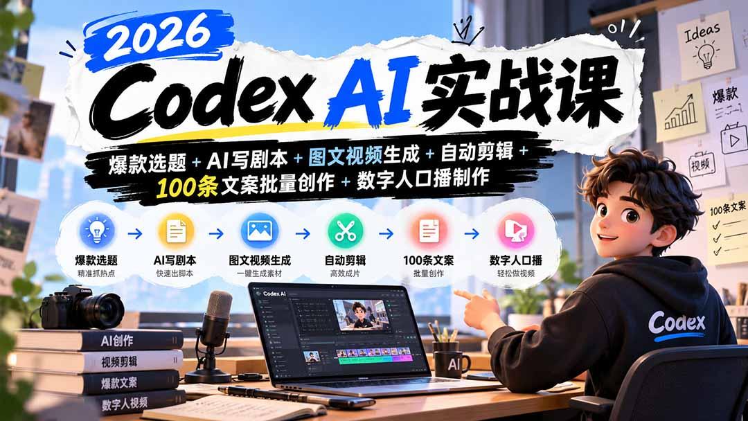 2026Codex AI实战课:爆款选题+AI写剧本+图文视频生成+自动剪辑+100条文案批量创作+数字人口播制作 图1