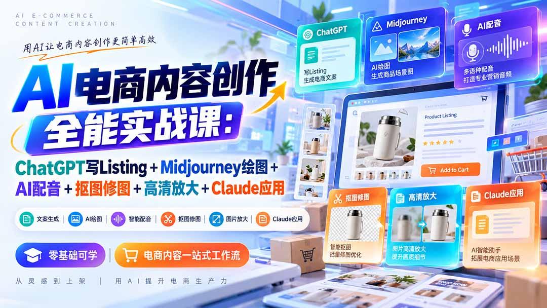 【无水印】AI电商内容创作全能实战课：ChatGPT写Listing+Midjourney绘图+AI配音+抠图修图+高清放大+Claude应用 图1