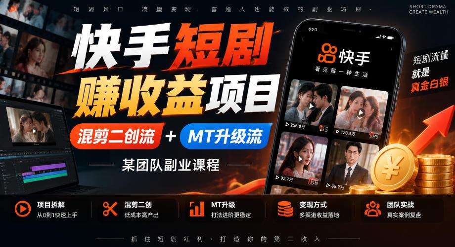 快手短剧賺收益项目,混剪二创流+MT升级流,某团队副业课程 图1