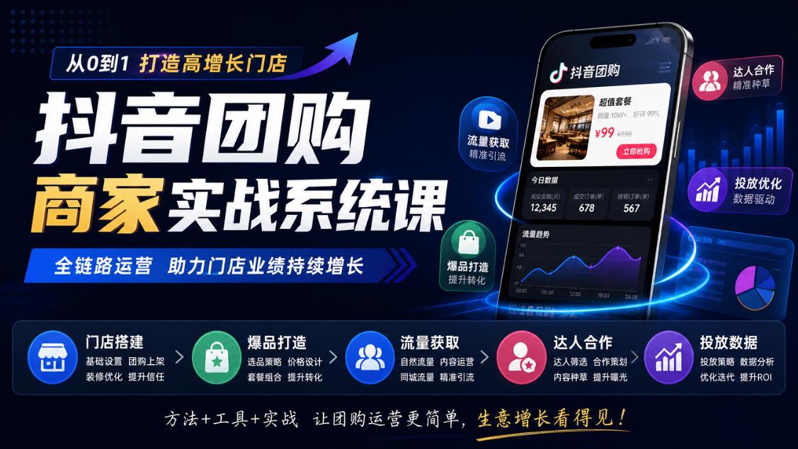 抖音团购商家实战系统课|门店搭建、爆品打造、流量获取、达人合作、投放数据全链路运营 图1