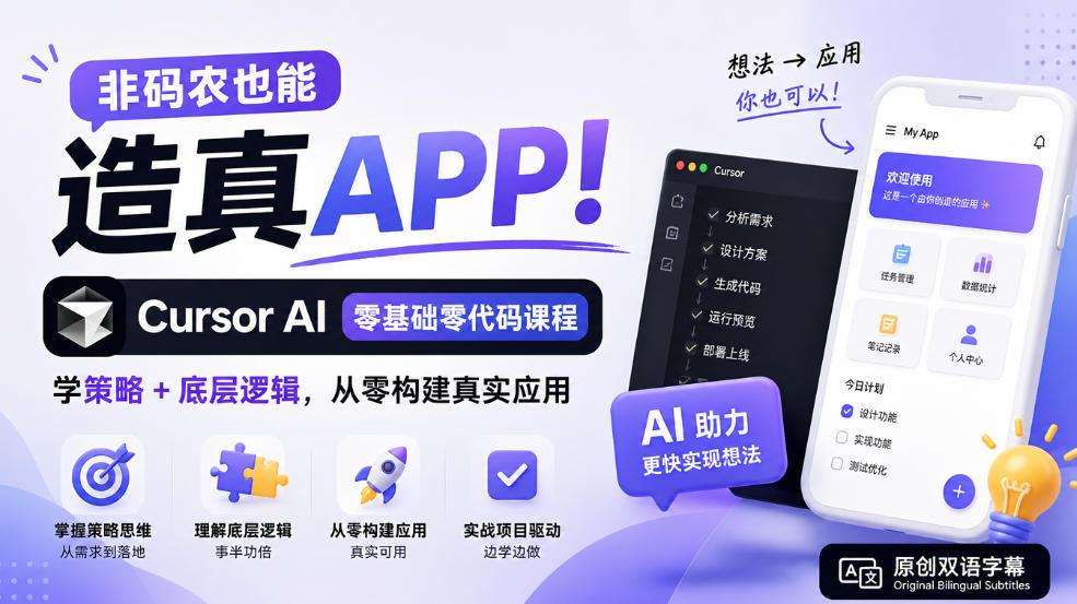 非码农也能造真APP!Cursor AI零基础零代码课程:学策略+底层逻辑,从零构建真实应用【原创双语字幕】 图1