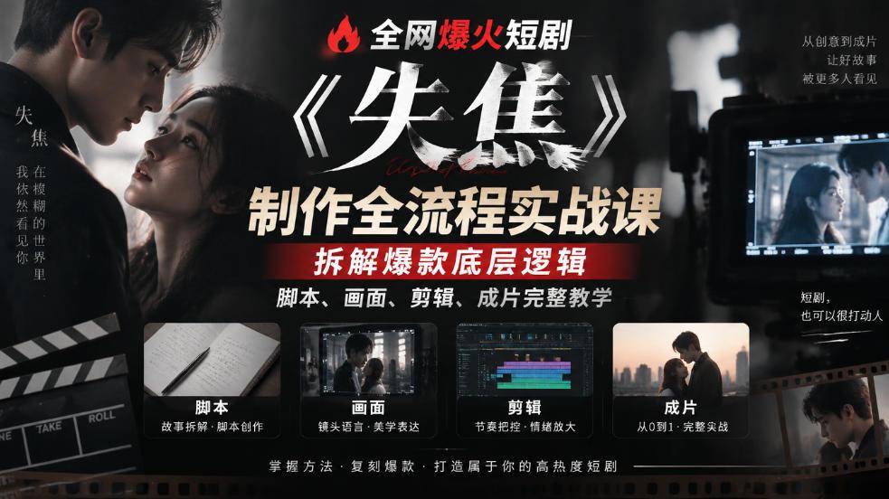 全网爆火短剧《失焦》制作全流程实战课|拆解爆款底层逻辑,脚本、画面、剪辑、成片完整教学 图1