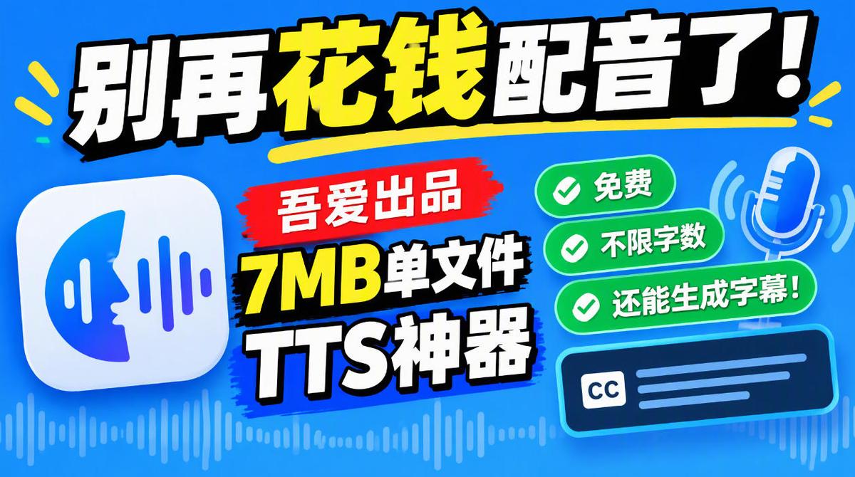 别再花钱配音了!吾爱出品7MB单文件TTS神器,免费不限字数还能生成字幕! 图1
