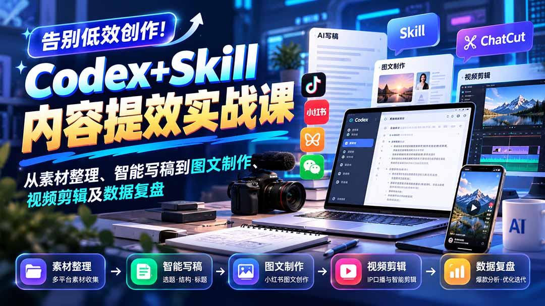 【无水印】告别低效创作！Codex+Skill内容提效实战课：从素材整理、智能写稿到图文制作、视频剪辑及数据复盘 图1