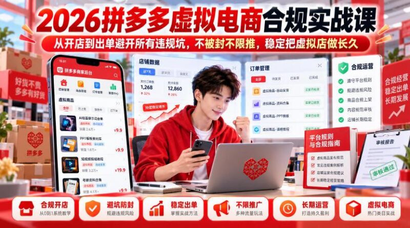 2026拼多多虚拟电商合规实战课，从开店到出单避开所有违规坑，不被封不限推，稳定把虚拟店做长久-三零资源