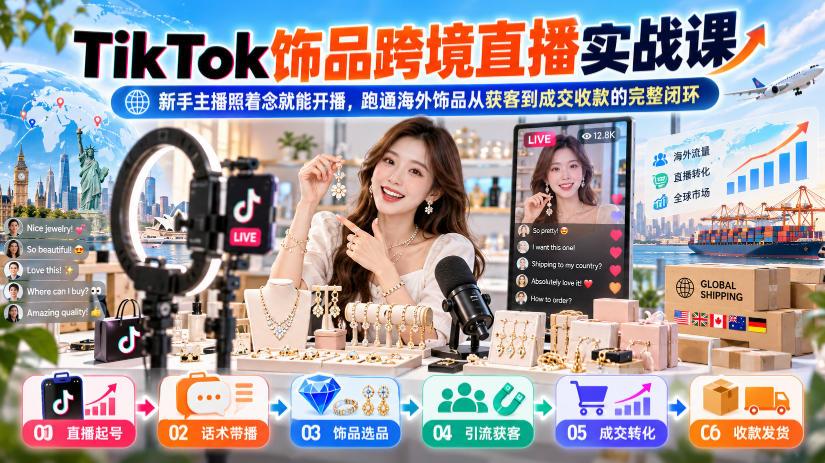 TikTok饰品跨境直播实战课,新手主播照着念就能开播,跑通海外饰品从获客到成交收款的完整闭环 图1