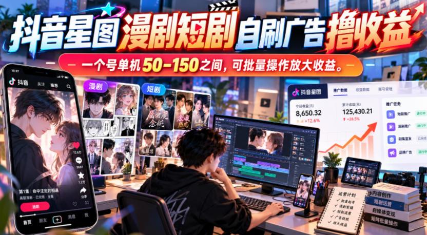 抖音星图漫剧短剧自刷广告撸收益,一个号单机50-150之间,可批量操作放大收益 图1