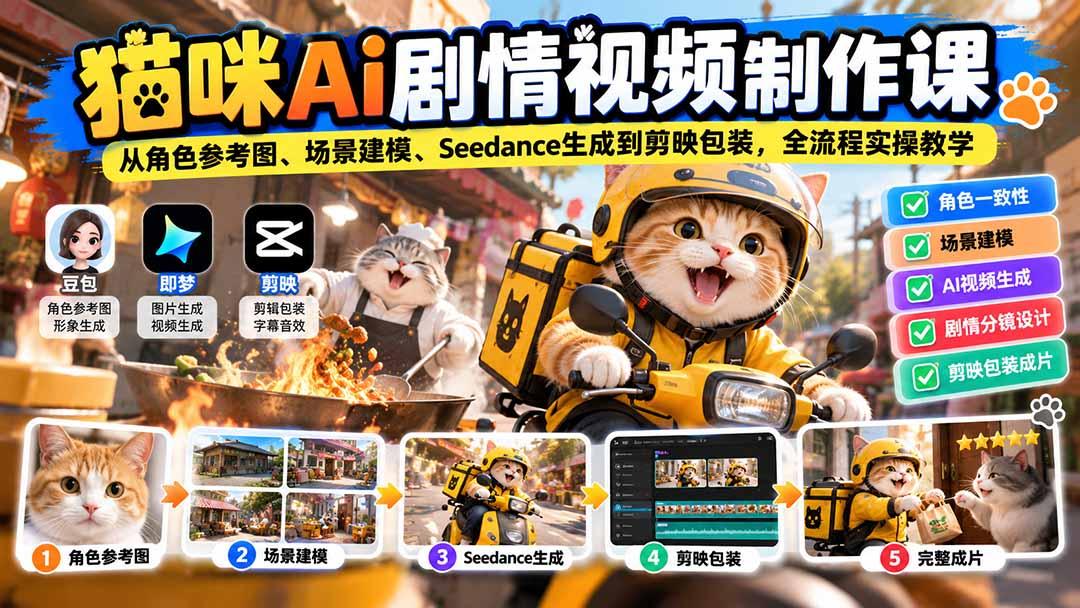 猫咪AI剧情视频制作课:从角色参考图、场景建模、Seedance生成到剪映包装,全流程实操教学 图1