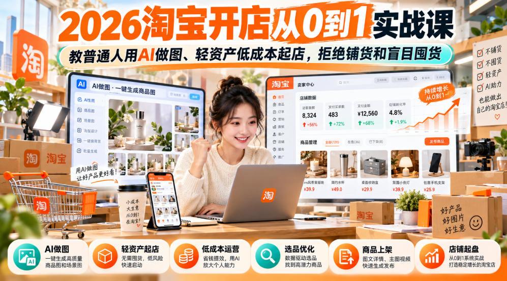 2026淘宝开店从0到1实战课，教普通人用AI做图、轻资产低成本起店，拒绝铺货和盲目囤货 图1