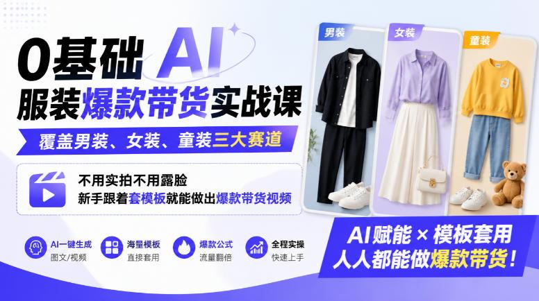 0基础AI服装爆款带货实战课｜覆盖男装、女装、童装三大赛道，不用实拍不用露脸，新手跟着套模板就能做出爆款带货视频（更新1010） 图1