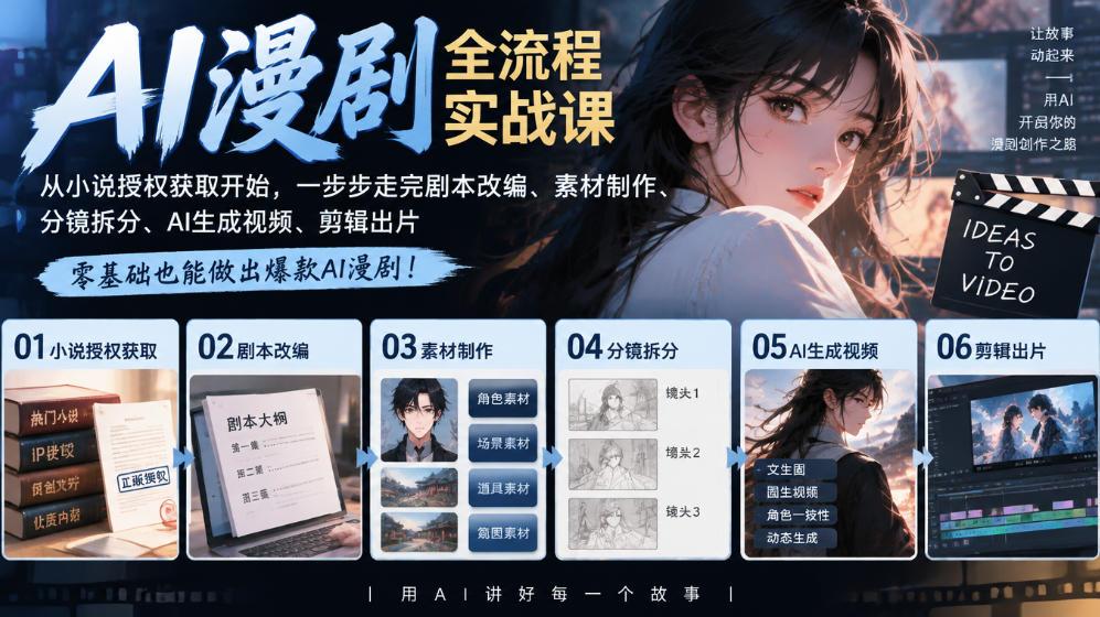 AI漫剧全流程实战课|从小说授权获取开始,一步步走完剧本改编、素材制作、分镜拆分、AI生成视频、剪辑出片全流程 图1