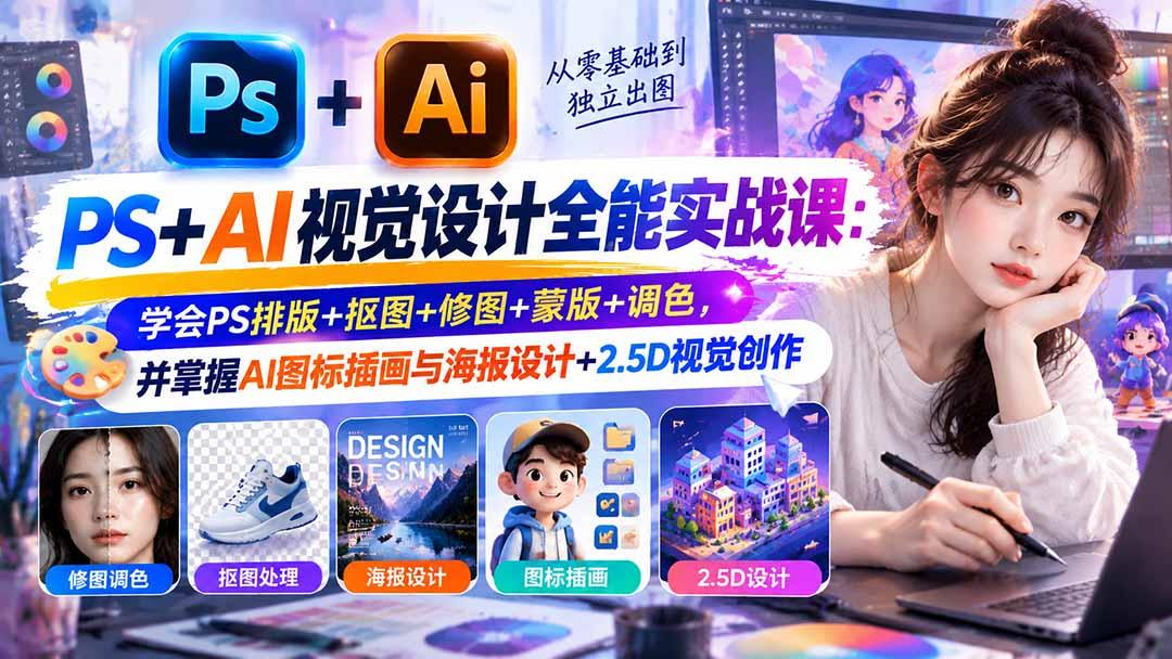 【无水印】PS+AI视觉设计全能实战课:学会PS排版+抠图+修图+蒙版+调色,并掌握AI图标插画与海报设计+2.5D视觉创作 图1