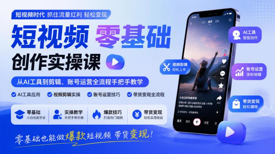 短视频零基础创作实操课，从AI工具到剪辑、账号运营全流程手把手教学，零基础也能做爆款短视频带货变现 图1