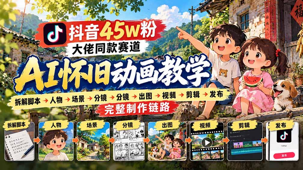 抖音45W粉大佬同款赛道AI怀旧动画教学:拆解脚本→人物→场景→分镜→出图→视频→剪辑→发布完整制作链路 图1