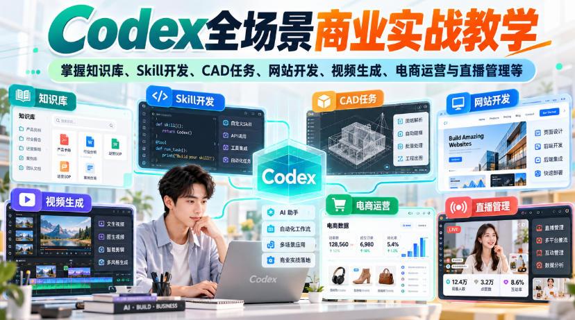 Codex全场景商业实战教学，掌握知识库、Skill开发、CAD任务、网站开发、视频生成、电商运营与直播管理等（更新1010） 图1