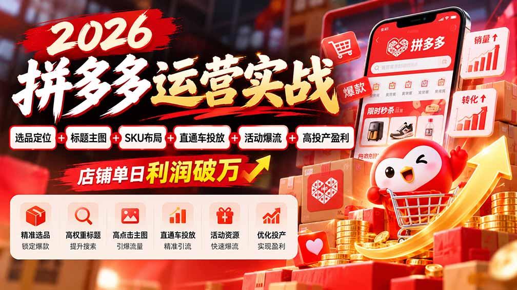 2026拼多多运营实战-更新1002:选品定位+标题主图+SKU布局+直通车投放+活动爆流+高投产盈利 店铺单日利润破万 图1