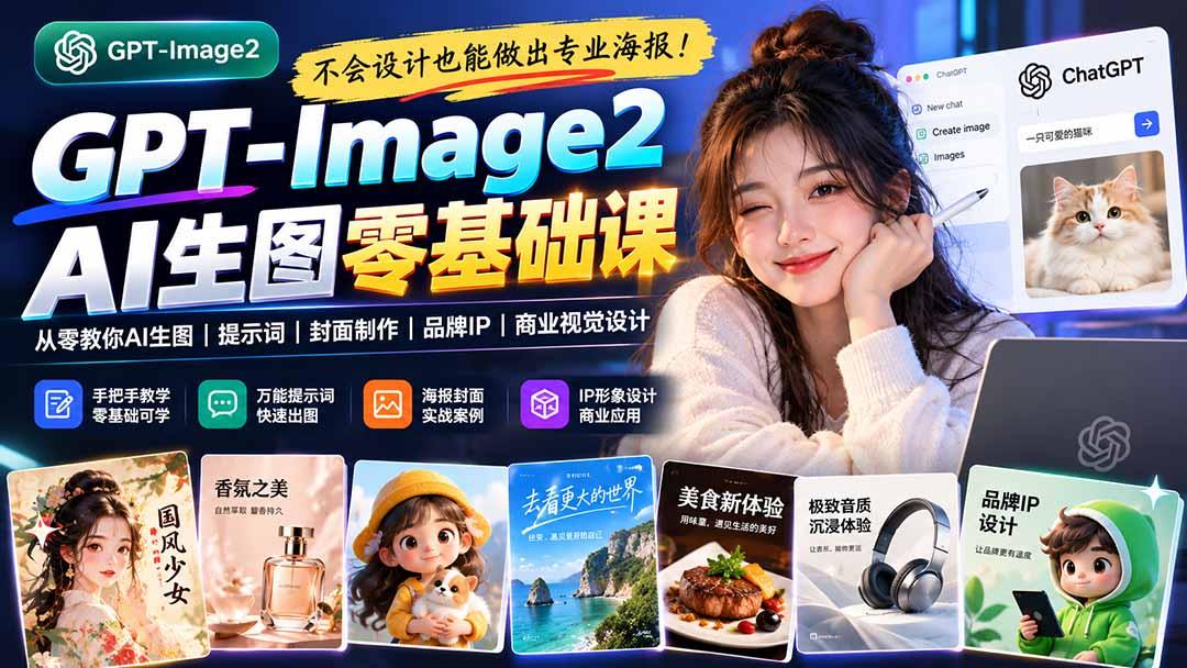不会设计也能做出专业海报!GPT-Image2从零教你AI生图、提示词、封面制作、品牌IP与商业视觉设计 图1