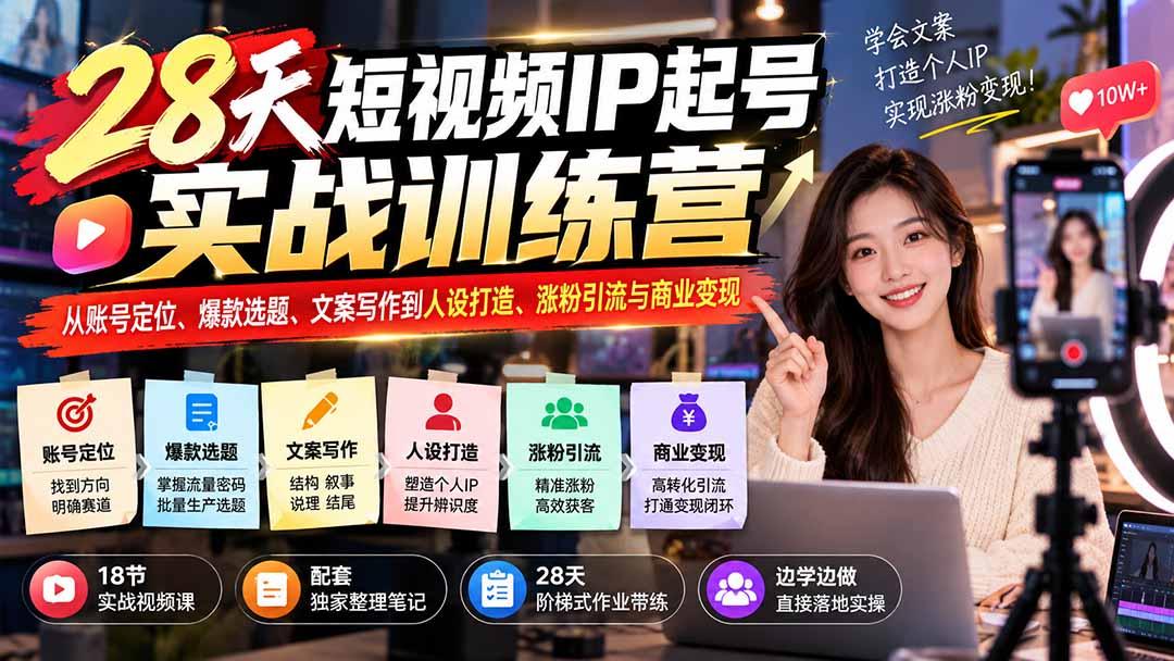 28天短视频IP起号实战训练营：从账号定位、爆款选题、文案写作到人设打造、涨粉引流与商业变现 图1