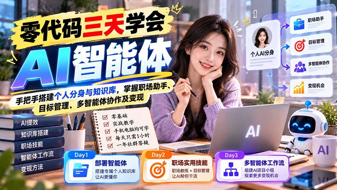 【无水印】零代码三天学会AI智能体：手把手搭建个人分身与知识库，掌握职场助手、目标管理、多智能体协作及变现 图1