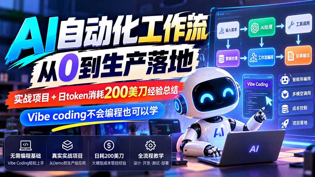 【无水印】AI自动化工作流从0到生产落地,实战项目+日token消耗200美刀经验总结,Vibe coding不会编程也可以学 图1