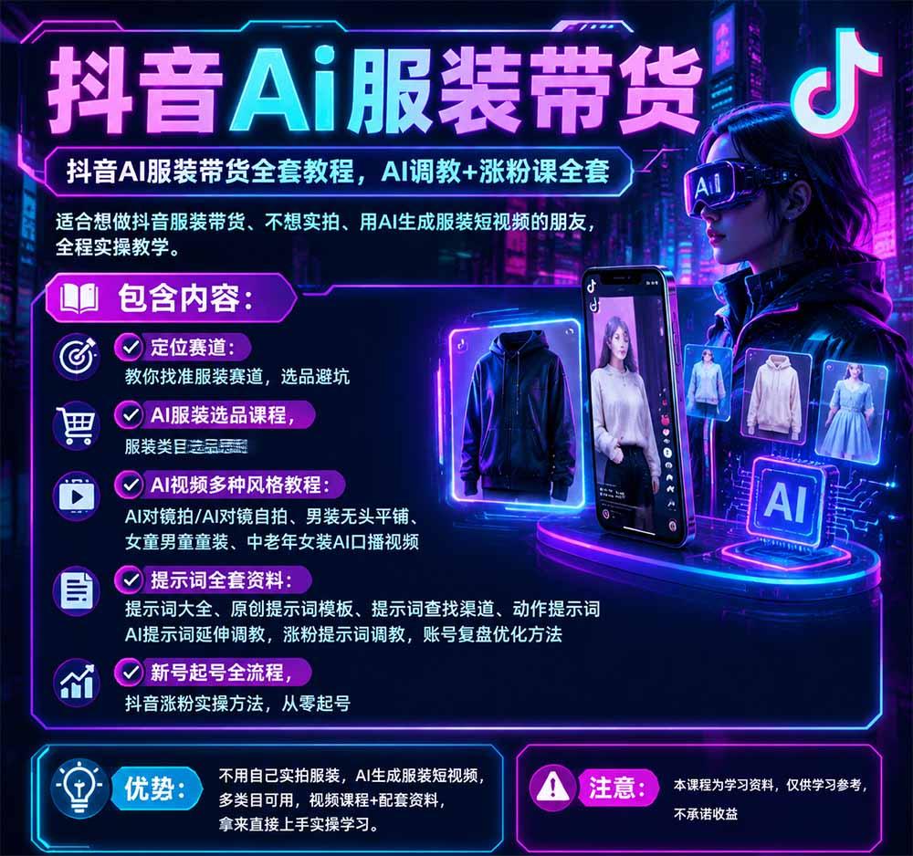 抖音AI服装带货全套教程,不靠真人出镜,利用AI批量制作服装带货短视频,打通选品、AI提示词调教、起号涨粉全流程 图1