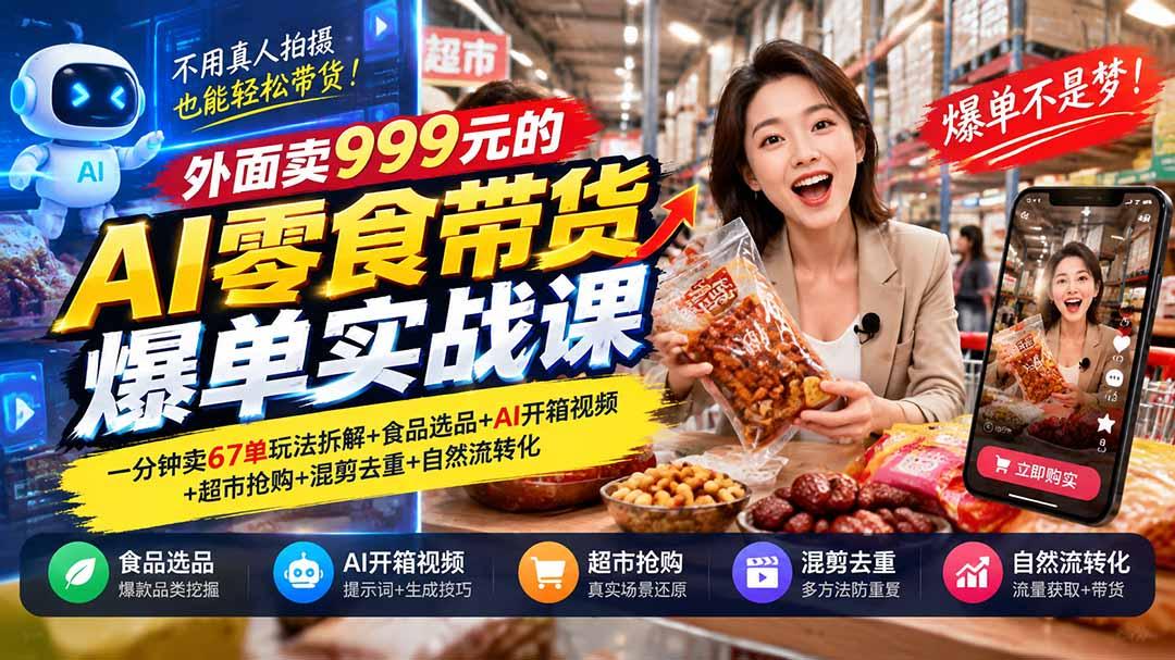外面卖999元的AI零食带货爆单实战课|一分钟卖67单玩法拆解+食品选品+AI开箱视频+超市抢购+混剪去重+自然流转化 图1