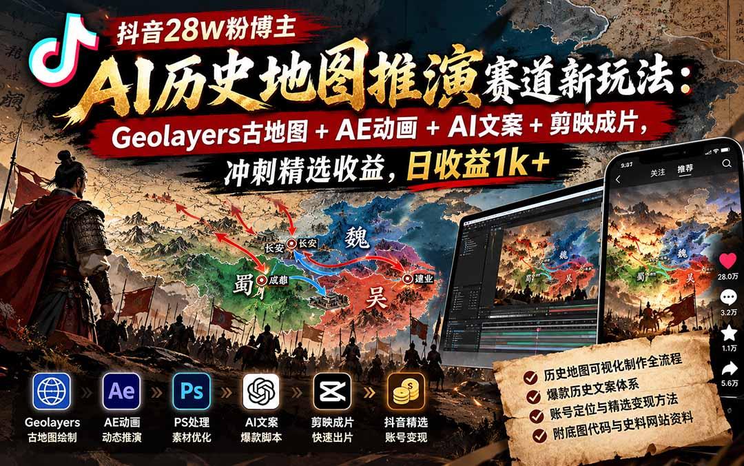 抖音28W粉博主AI历史地图推演赛道新玩法：Geolayers古地图+AE动画+AI文案+剪映成片，冲刺精选收益，日收益1k+ 图1