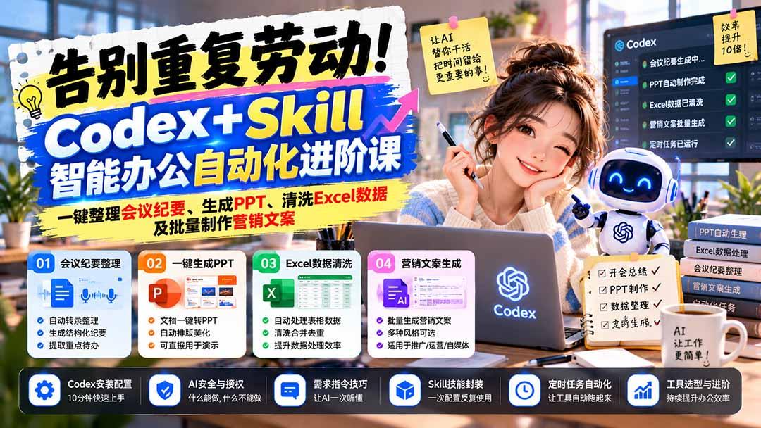 告别重复劳动！Codex+Skill智能办公自动化进阶课：一键整理会议纪要、生成PPT、清洗Excel数据及批量制作营销文案 图1