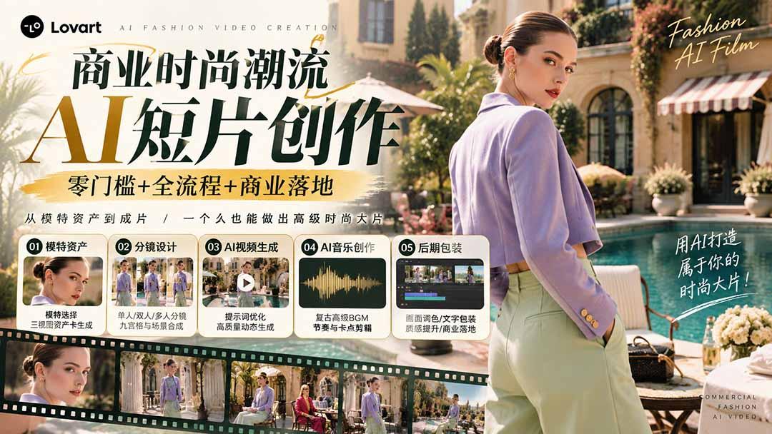 从一张模特图到高级时尚广告大片:AI三视图资产、场景合成、电影分镜、动态生成与复古音乐剪辑实战课 图1