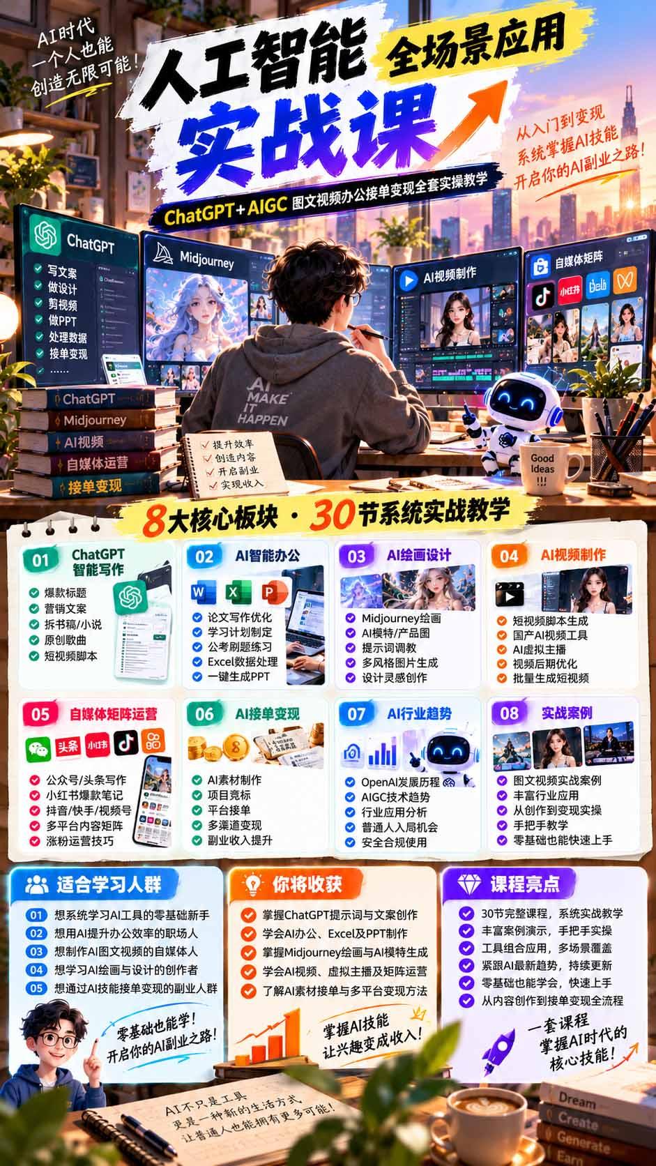 一个人掌握AI写作设计剪辑全套技能:从ChatGPT办公、AI绘画到虚拟主播、自媒体运营及接单变现 图1