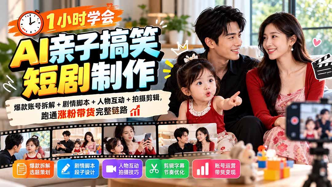 1小时学会AI亲子搞笑短剧制作:爆款账号拆解+剧情脚本+人物互动+拍摄剪辑,跑通涨粉带货完整链路 图1